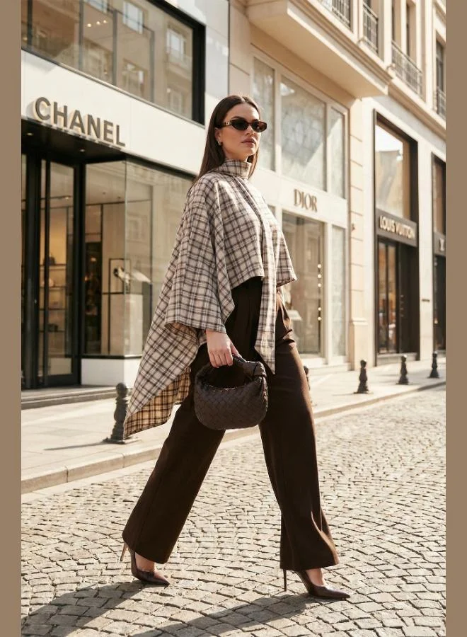 ليلا Lela Plaid Cotton Oversize Fit Scarf Collar Poncho for Women 6925472